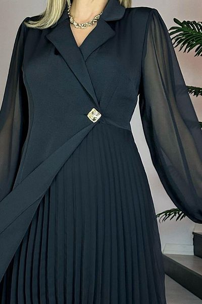 gesmoda G0793 Double Breasted Collar Button Detailed Pleated Dress Black