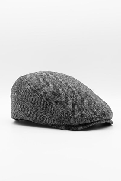 Külah Erkek Kasket Balıksırtı Flat Cap Termal Yün Şapka Gri