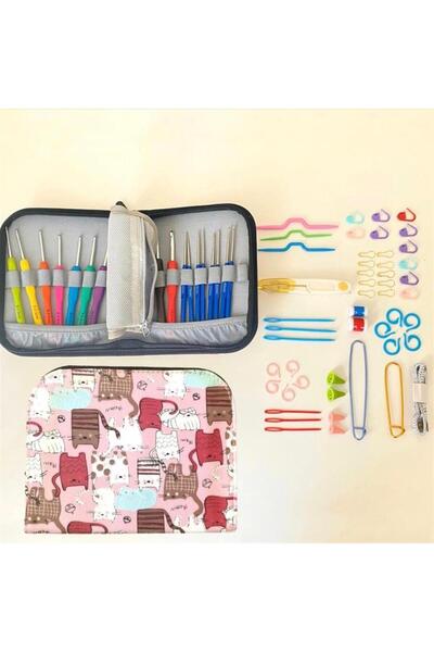 yumakça Örgü Tığ Seti ve Örgü Malzemeleri Seti | Pembe Kedi Desenli Çantalı Z...
