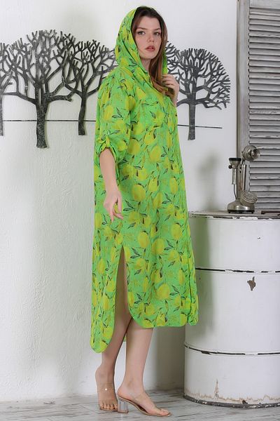 Chiccy Verde deschis cu imprimeu galben - Rochie de vară cu mânecă lungă, cu buzunare duble și nasturi 130 65