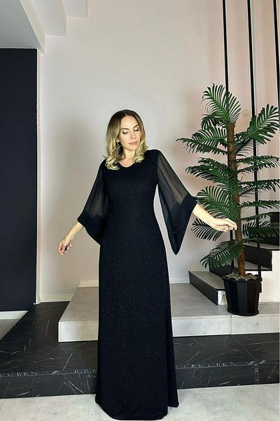 gesmoda G0758 Chiffon Sleeve Detailed Glittery Maxi Evening Dress Black
