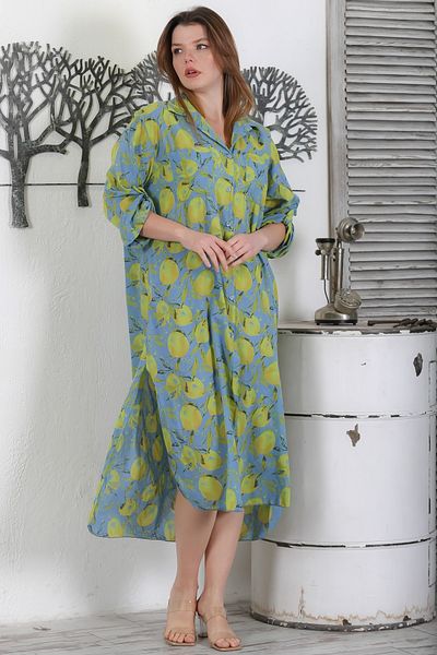 Chiccy Rochie de vară țesută casual, cu mâneci lungi, cu model, cu buzunare duble, albastru praf italian 130 65