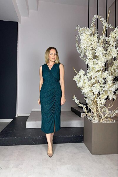 gesmoda G0909 Rochie de seara cu sclipici cu detaliu drapat Smarald