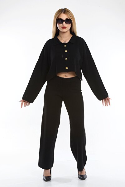 Abakka Gombos Crop kardigán és széles szárú nadrág 2 részes kötöttáru szett