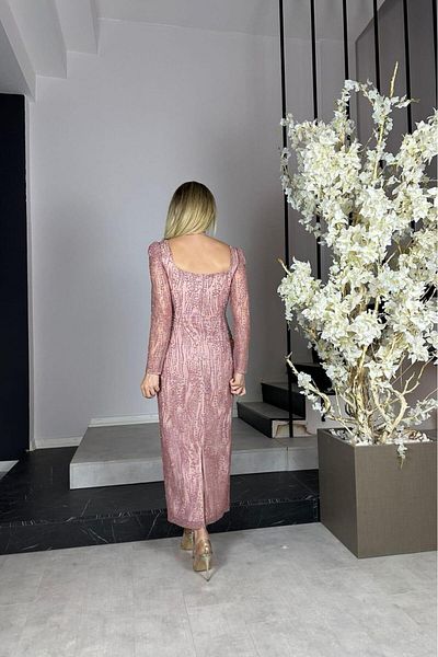 gesmoda G0882 Βραδινό φόρεμα με τετράγωνο γιακά Glitter Midi μήκους Ροζ
