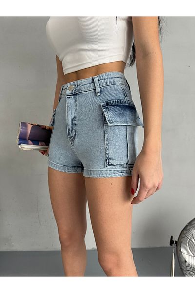 alanora High Waist Women's Mini Denim Shorts - Cargo Pocket and Bermuda