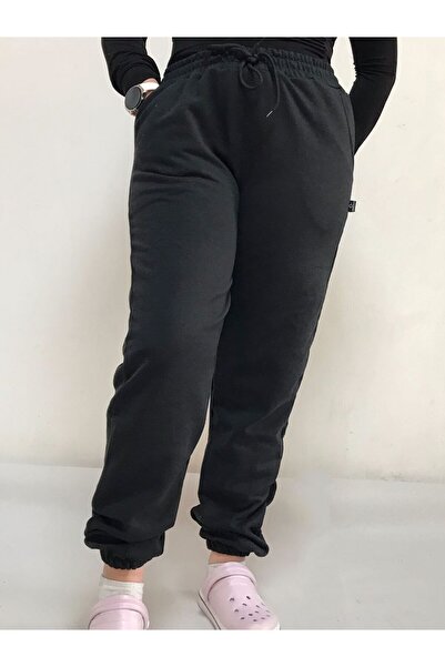 JustBS Pantaloni de sport negri cu 2 fire din cauciuc