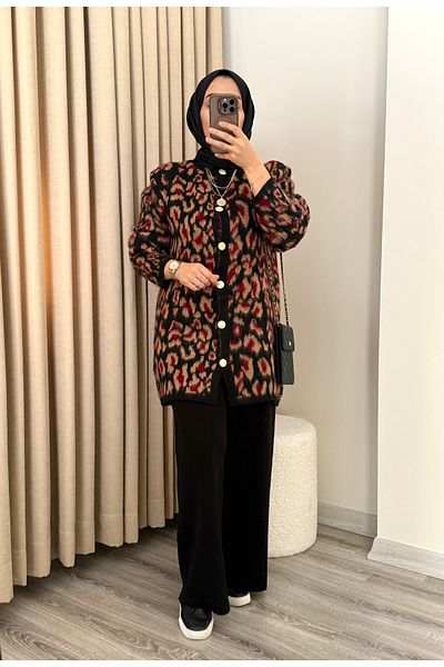 MERİÇ BOUTİQUE Leopard Cardigan Cap Set