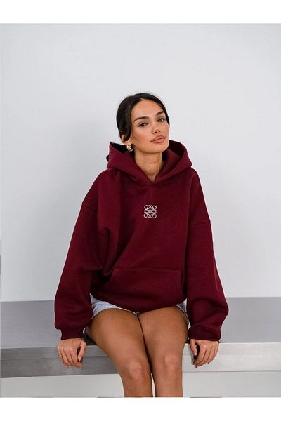 The Champ Clothing Бордо червена унисекс голяма суичърка с качулка и кенгуру с джоб с висок принт