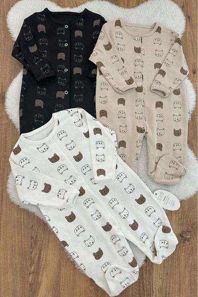 Bamoola 100% Cotton Brown Animal Patterned 3-Piece Jumpsuit with Booties (Girl - Boy - Newborn)