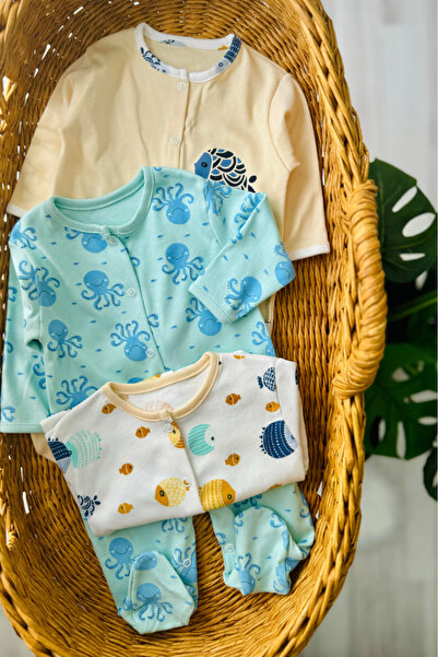 Bamoola 100% Cotton Fish Patterned 3-Piece Jumpsuit with Booties (Girl - Boy - Newborn)