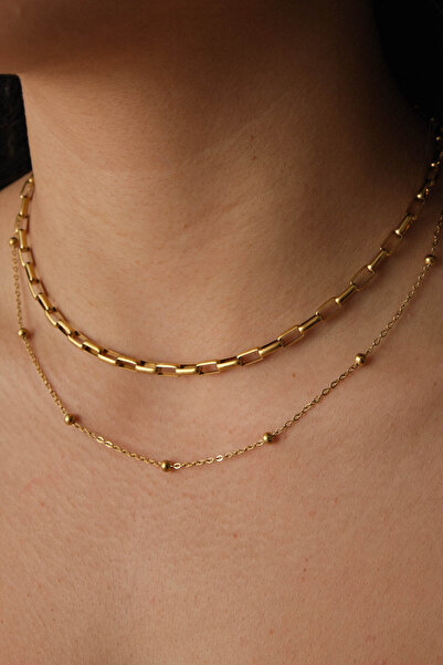 ESBAFLOR Çelik 2'li Kombin Toplu ve Ataç Dikdörtgen Zincir Kolye Minimal Kara...