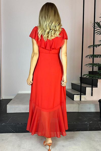 gesmoda G0199 Ruffle Detailed Wrap Chiffon Dress Coral