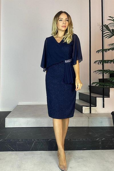 gesmoda G0477 Stone Detailed Chiffon Sleeve Evening Dress Navy Blue