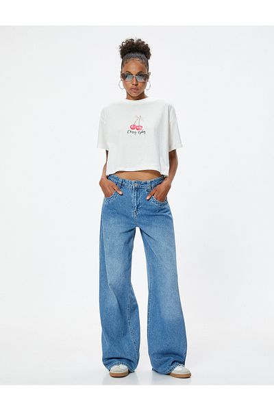Koton Cherry Printed Bow Detailed Crop T-Shirt - Crew Neck, Short Sleeve