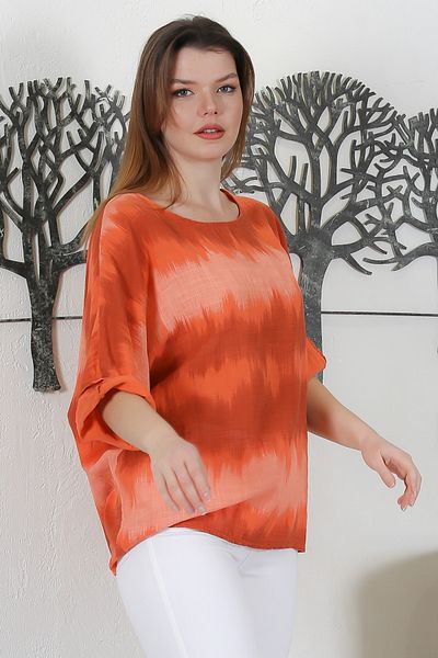 Chiccy Bluză țesătă casual cu mâneci 3/4, portocaliu italian, cu guler pentru piscină 65 63