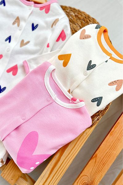 Bamoola 100% Cotton Colorful Heart Patterned 3-Piece Jumpsuit with Booties (Girl - Boy - Newborn)