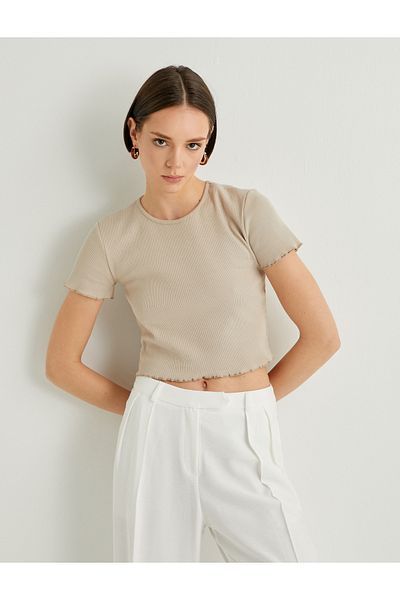 Koton Crop T-shirt με κοντό μανίκι με ραβδώσεις, βαμβακερή λαιμόκοψη