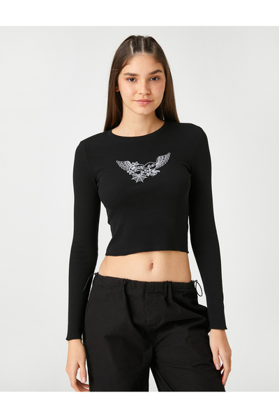 Koton Μακρυμάνικο T-Shirt Crop Crew λαιμόκοψη