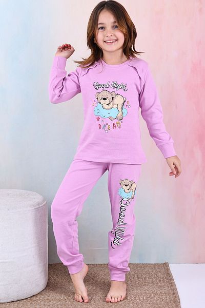 KAPİKİDS Soft 100% Cotton Natural All Seasons Quality Girl's Pajamas with Teddy Bear