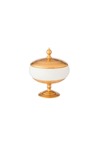Dania White porcelain incense burner with a gold metal base and cover, 13.5x16