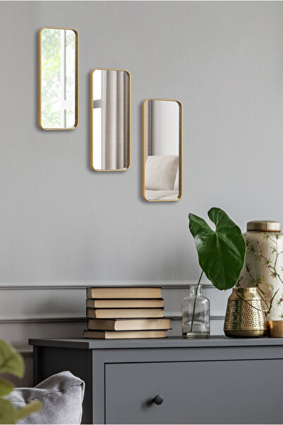 Leila 3’lü Dikdörtgen Ayna Duvar Aksesuarı - Sunumluk (ÇOK AMAÇLI) Altın 12x3...