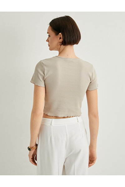 Koton Crop T-shirt με κοντό μανίκι με ραβδώσεις, βαμβακερή λαιμόκοψη