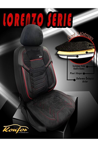 KONFORUM Car Seat Cover Front and Rear Set Nubuck Fabric Lorenzo Serie Black Red