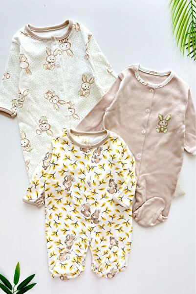Bamoola 100% Cotton Sweet Rabbit Print 3-Piece Jumpsuit with Booties (Girl - Boy - Newborn)