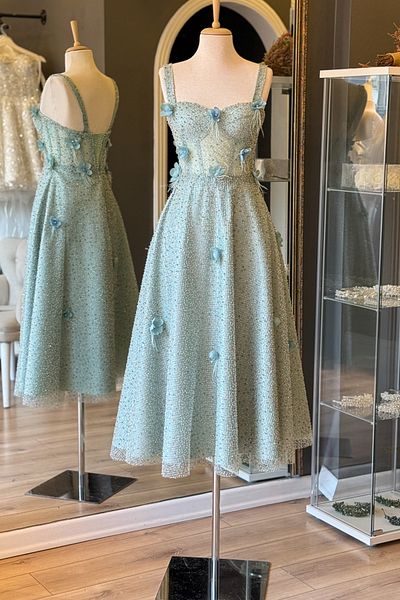 Lenta Moda Midi Evening Dress and Evening Dress with Water Green Beaded Lace Covering and Three-Dimensional Flower Detail