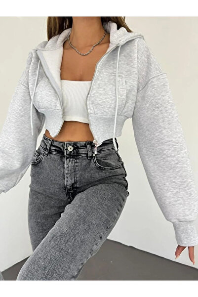 CLB COLLECTION Gray Hooded Crop Cardigan - 3 Thread Thick Fabric 100% Cotton