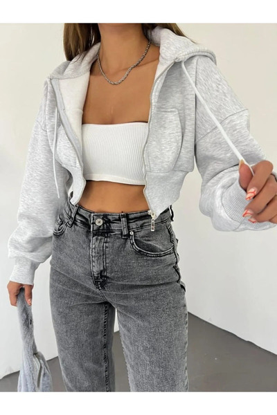 CLB COLLECTION Gray Hooded Crop Cardigan - 3 Thread Thick Fabric 100% Cotton