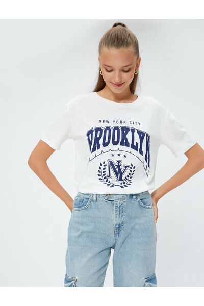 Koton College T-shirt με στάμπα με λαιμόκοψη, κοντό μανίκι, βαμβακερό