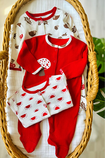 Bamoola %100 Pamuklu Kırmızı Mantar Desenli 3'lü Patikli Tulum (KIZ - ERKEK -...