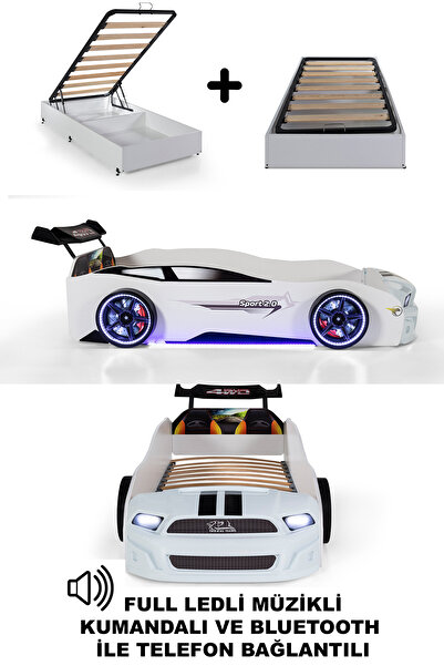 Ferramini Bazalı Beyaz Arabalı Yatak Sport MST Full Ledli Kumandalı ve Müzikli