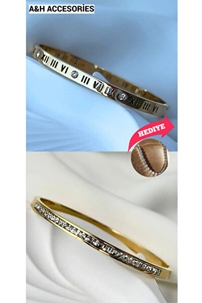 Meyras Touch 2'Li Set Roma Rakamlı Kartier ve Taşlı Kelepçe Çelik Bileklik (S...