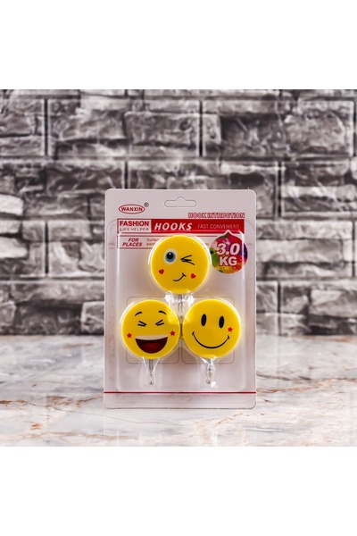 NİLÜFER HOME 3 Adet Pratik Yapışkanlı Duvar Askısı Neşeli Yüzler Desenli