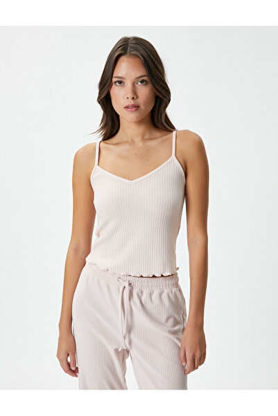 Koton İnce Askılı Pijama Üstü Fitilli V Yaka Slim Fit