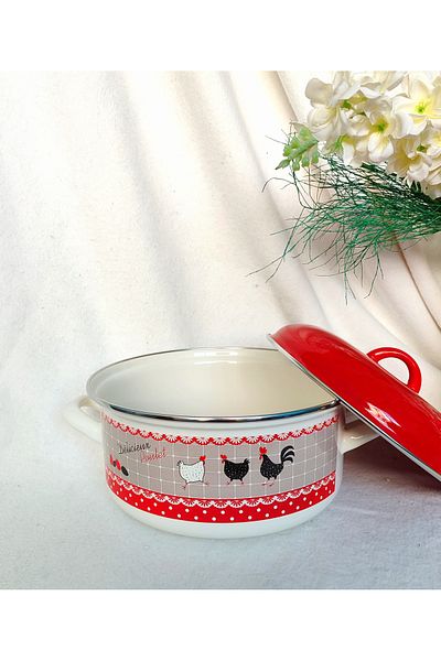 EBRULİEMAYE Chicken Enamel Oblate Pot 4 Liters 24 cm Diameter Milk Yogurt Soup Stuffing Pot