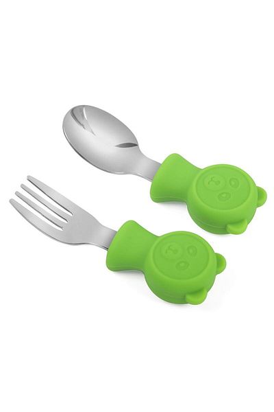 Chavin 304 Steel Green Teddy Bear Model Baby Spoon and Fork Set Cin766Ys