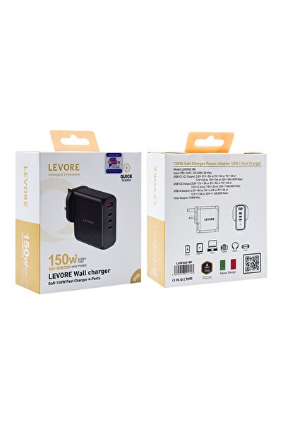 Levore Wall Charger Super Fast With GaN 3 USB-C Ports and USB Port 150W - Black