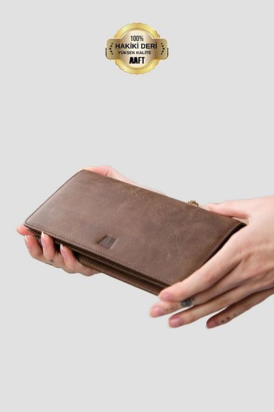 Deriza Унисекс портфейл от естествена кожа Golden 3367 с отделение за телефон - кафяв