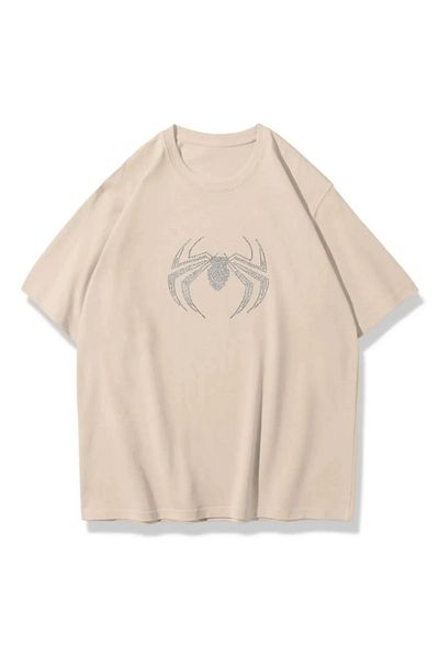 Gofeel Harajuku Spiderman Detail Unisex Oversize Shining Stone Printed Tshirt