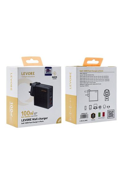 Levore Wall Charger Super Fast With GaN 2 USB-C Ports and 2 USB Port 100W - Gray