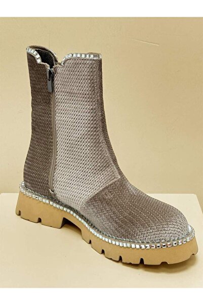 lescarpe 7023 VİZON KADİFE TAŞ BOT KADIN AYAKKABI