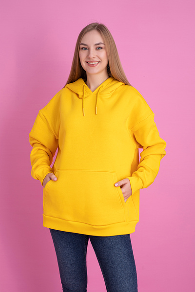 TEVOOY UNISEX OVERSİZE KAPŞONLU KANGURU  CEPLİ 3İPLİK ŞARDONLU ÖRME KUMAŞ SWEATSHİRT HOODİE SARI