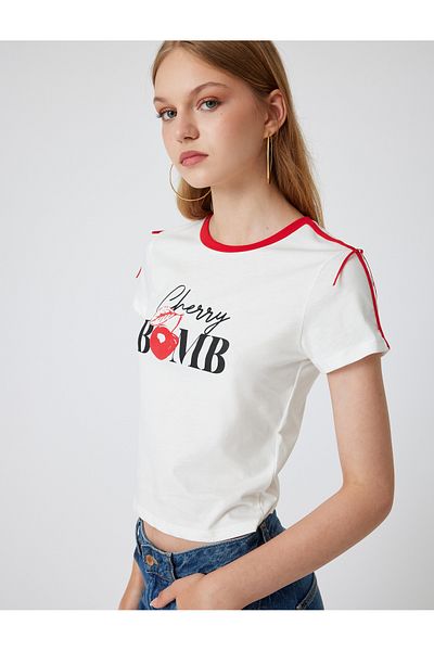 Koton Cherry Printed Bow T-Shirt - Crew Neck, Short Sleeve, Piping