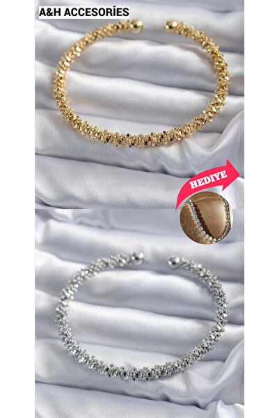 Meyras Touch 2'Li Simli Gold Ve Gümüş Çelik Kelepçe (Su Yolu Bileklik Hediye)