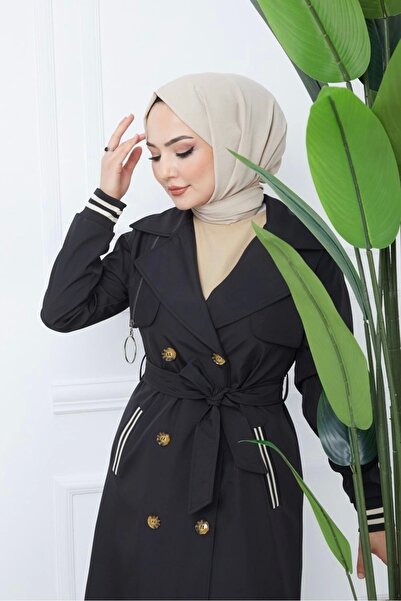 Nevayla Moda Bondit Fabric Ribbed Long Trench Coat / Μαύρο - M0110