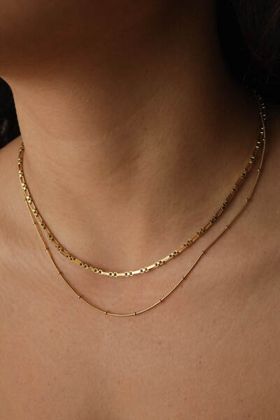 ESBAFLOR Çelik 2'li Kombin Topçuklu İtalyan ve Dikdörtgen Kare Zincir Kolye M...